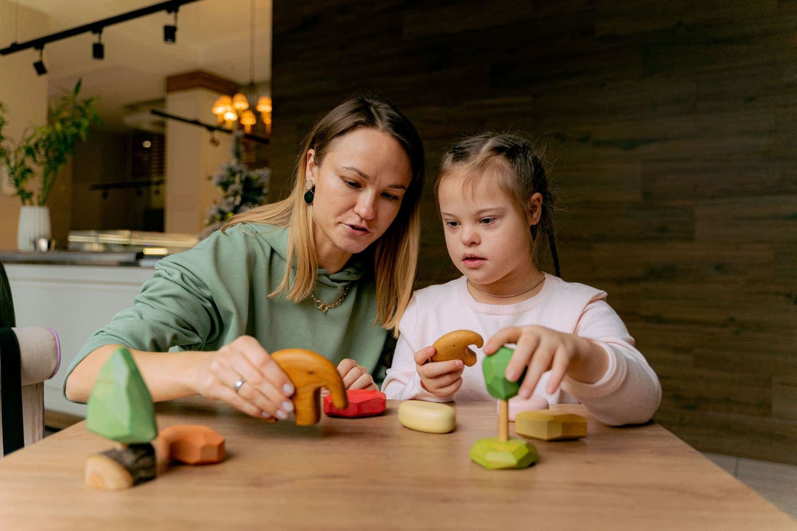 Support worker and participant playing with wooden toys together, focused and engaged